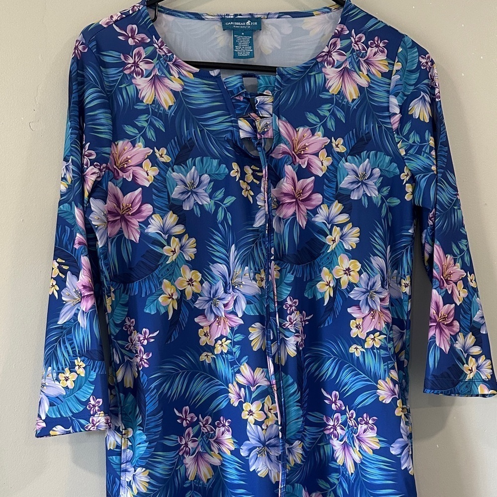 Caribbean Joe Blue Floral Dress size S mini resort vacation beachfront